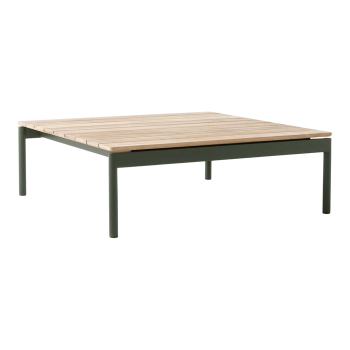 Square coffee table with a natural wood top and dark green metal frame, featuring a simple, minimalist design.