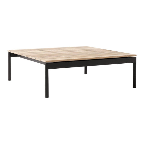 Square coffee table with a natural wood slat top and sleek black metal legs, perfect for modern decor.