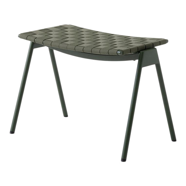Green woven pattern bench with a curved top and sleek dark gray legs, perfect for outdoor or indoor use.