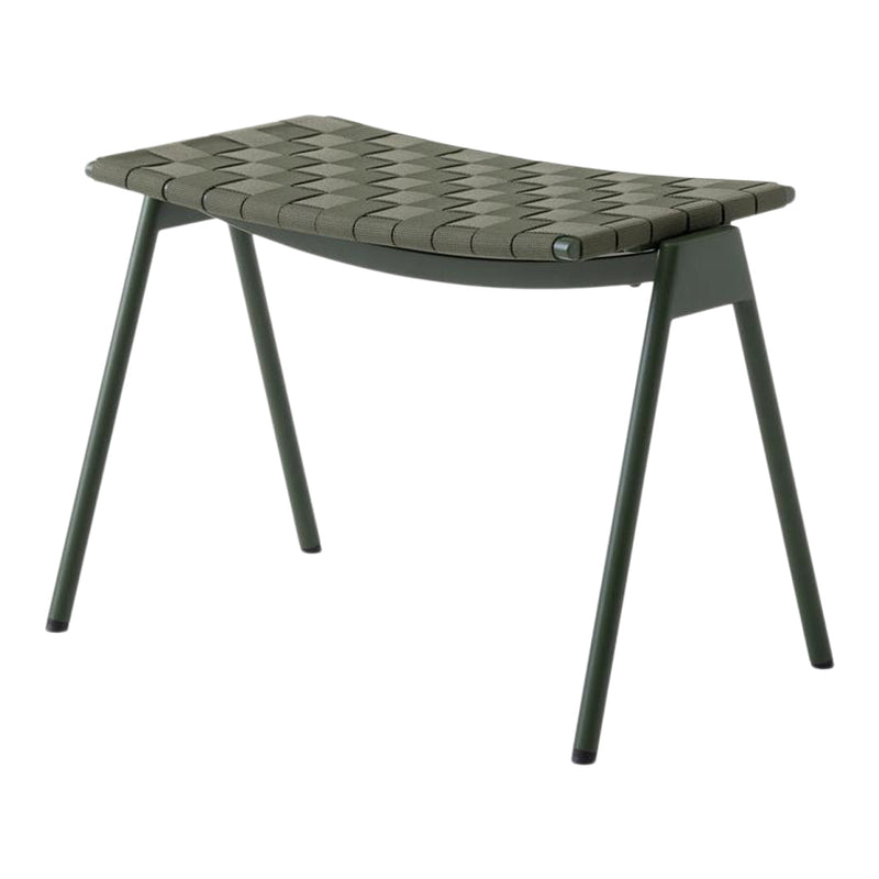 Green woven pattern bench with a curved top and sleek dark gray legs, perfect for outdoor or indoor use.