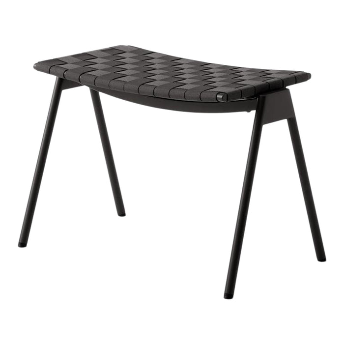 Black woven pattern bench with a curved top and sleek black legs; modern and stylish design.