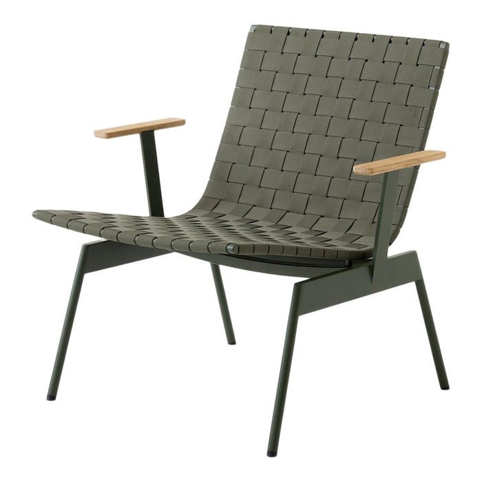 Woven olive green chair with light wood armrests, featuring a geometric pattern for a modern look.