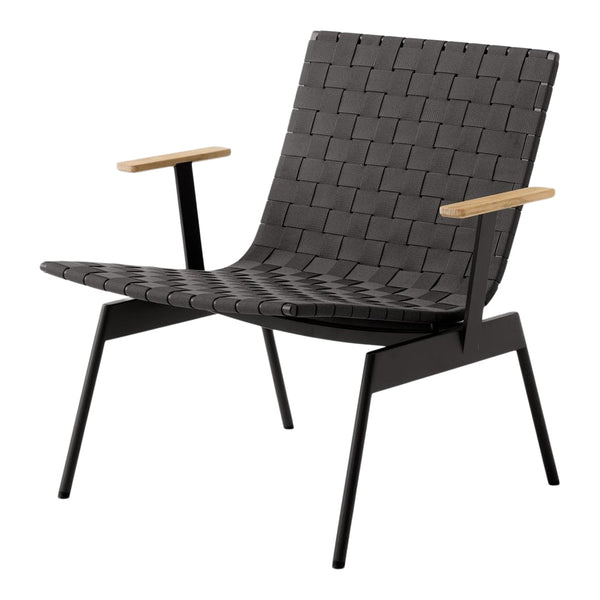 Black woven chair with wooden armrests, featuring a modern, minimalist design. Ideal for contemporary decor.