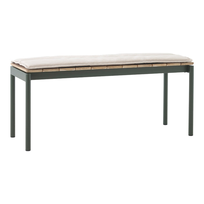Green metal bench with a light beige cushioned seat and natural wood accents, featuring a sleek, modern design.