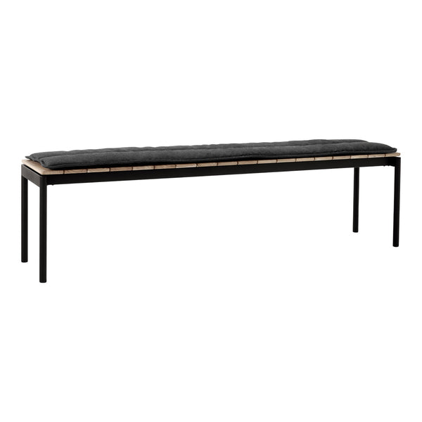 Black padded bench with a sleek black metal frame and natural wood accents, perfect for modern spaces.
