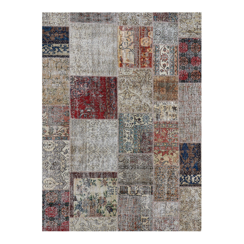 Colorful patchwork rug featuring intricate patterns in red, blue, gray, and cream tones. Perfect for home decor.