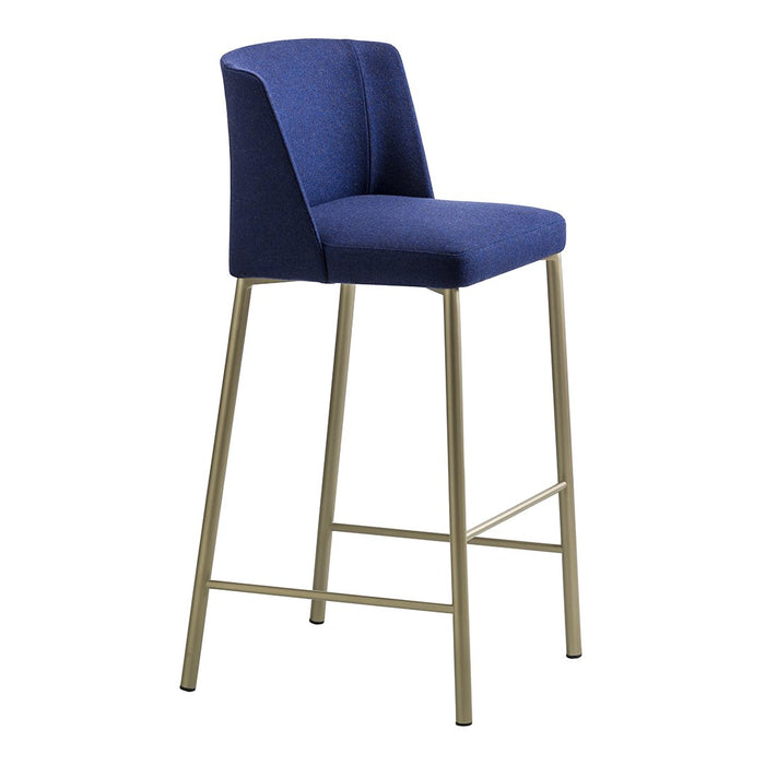 Navy blue upholstered bar stool with clean lines and a sleek gold metal frame, perfect for modern decor.