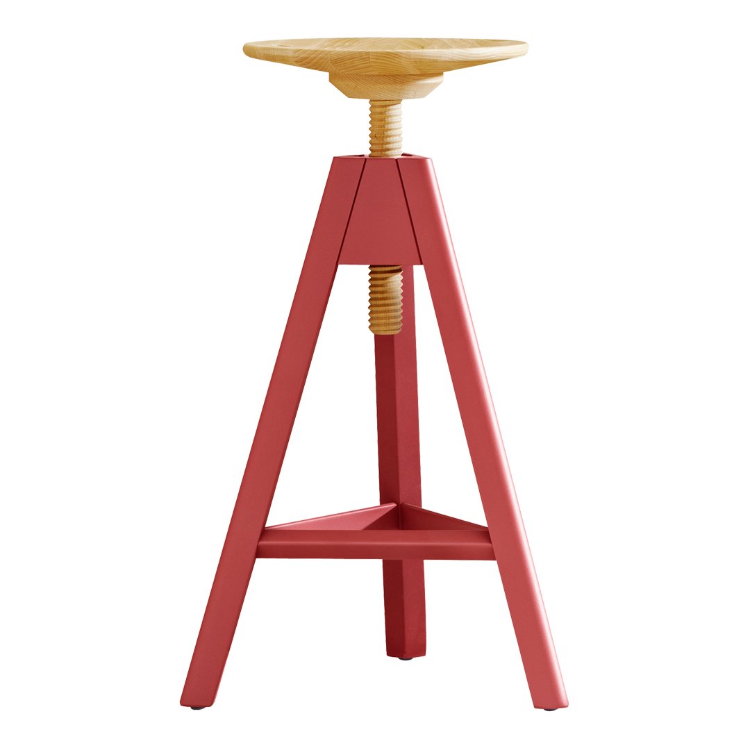 Red tripod base with a natural wood round seat, featuring a minimalist design and adjustable height.