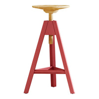 Red tripod base with a natural wood round seat, featuring a minimalist design and adjustable height.