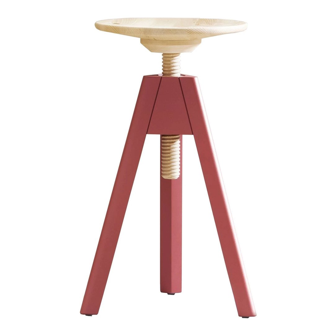 Red tripod base with a natural wood seat, featuring a sleek, modern design. Ideal for contemporary decor.