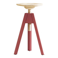 Red tripod base with a natural wood seat, featuring a sleek, modern design. Ideal for contemporary decor.