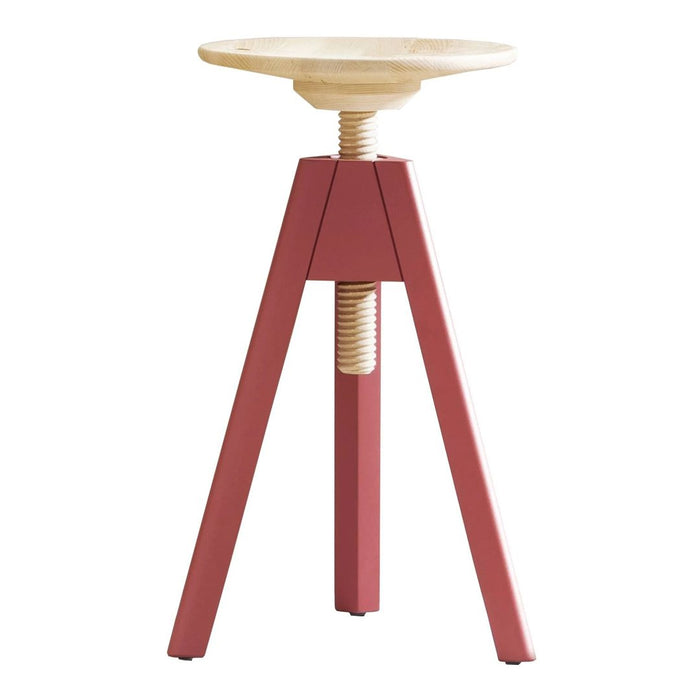 Red tripod base with a natural wood seat, featuring a sleek, modern design. Ideal for contemporary decor.