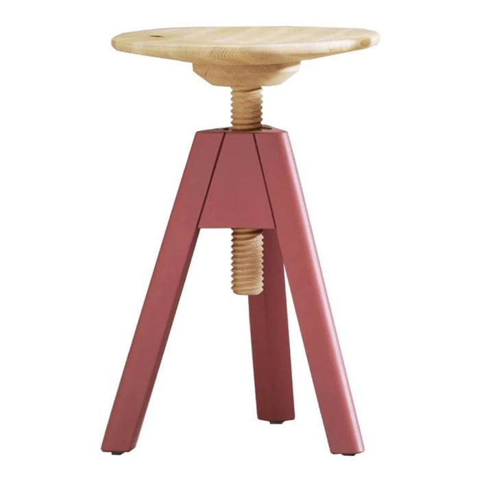Rustic wooden top with a natural finish, paired with pink and gray metal legs in a minimalist design.