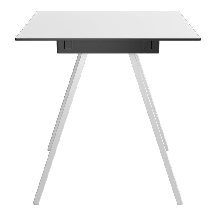 Modern white tabletop with a sleek black drawer on minimalist white legs. Clean lines and contemporary design.
