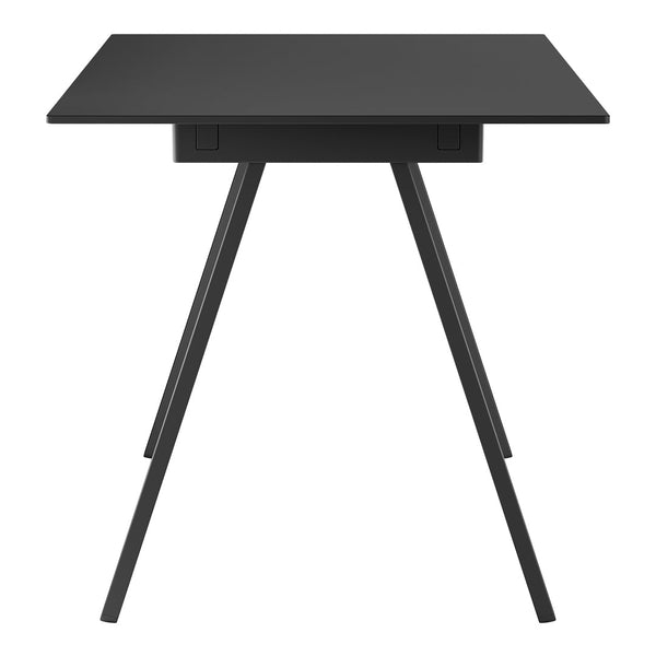 Sleek black table with a minimalist design and smooth, solid surface, featuring angled legs for modern aesthetics.