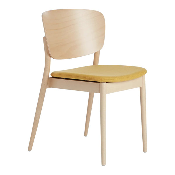 Light wood chair with a smooth finish and a vibrant yellow cushioned seat, ideal for modern decor.