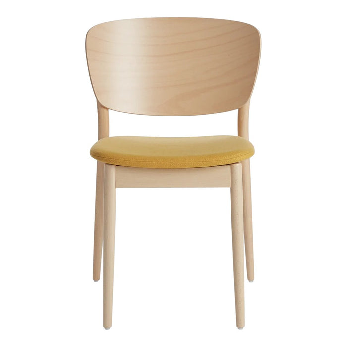 Light wood chair with a smooth, natural finish and a vibrant yellow upholstered seat. Minimalist design.