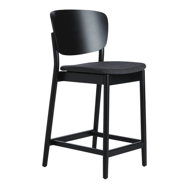 Black wooden bar stool with a sleek, minimalist design and a smooth finish. Ideal for modern interiors.