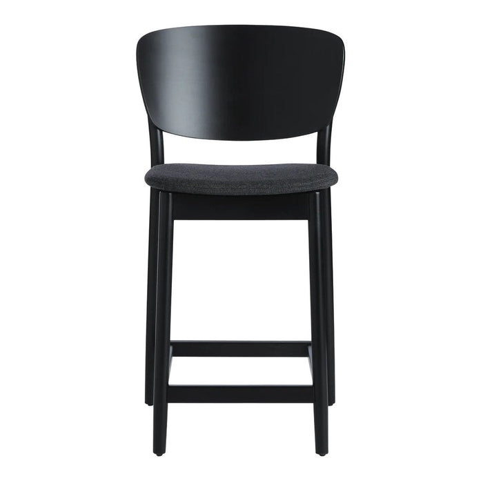 Black wooden bar stool with a sleek, smooth finish and a dark gray upholstered seat. Modern and minimalist design.