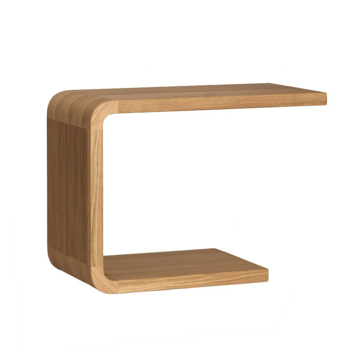 Light oak wood side table with smooth, curved lines and a minimalist design, showcasing a natural wood pattern.