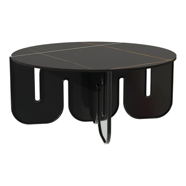 Round black coffee table featuring bold geometric patterns and orange accents for a modern aesthetic.