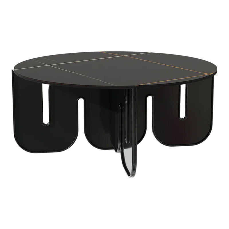 Round black coffee table featuring bold geometric patterns and orange accents for a modern aesthetic.