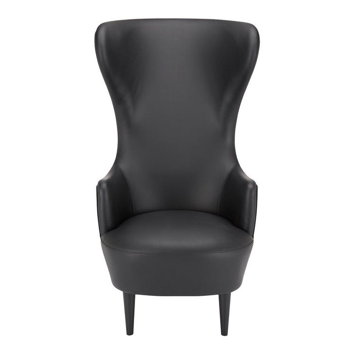 Stylish black leather high-back chair with smooth texture and elegant silhouette, perfect for modern interiors.
