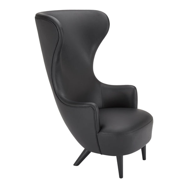 Black high-back chair with a smooth leather finish and minimalist design. Perfect for modern interiors.