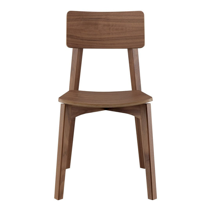 Brown wooden chair with a smooth finish and minimalist design; straight lines and simple, elegant silhouette.