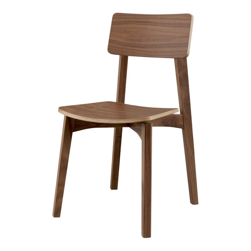 Warm walnut wood chair with a minimalist design, featuring smooth surfaces and natural grain patterns.