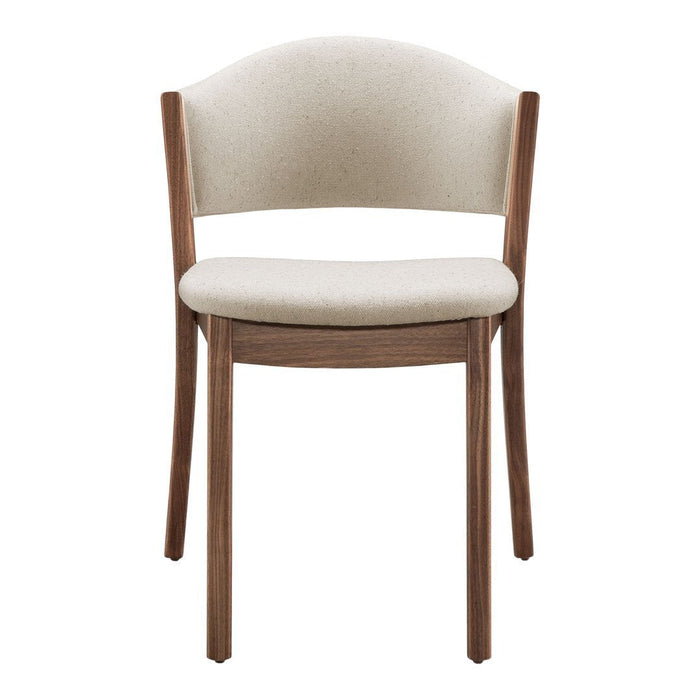 Beige upholstered chair with a curved back and walnut wood legs, showcasing a modern, minimalist design.