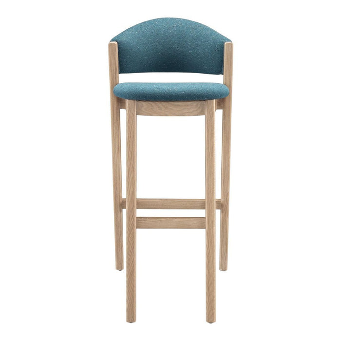 "Bar stool featuring a teal upholstered seat and natural wood frame, minimalist design."