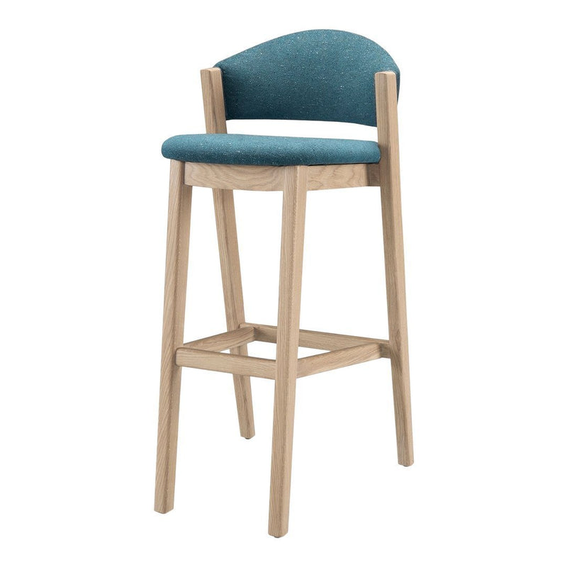 Teal upholstered bar stool with a smooth wooden frame, featuring a modern, minimalist design and subtle texture.