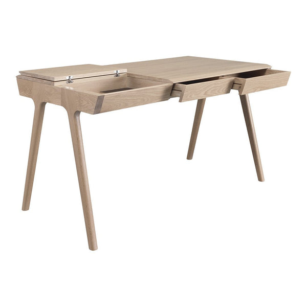 Light oak wood desk featuring a smooth, minimalist design with two drawers and tapered legs.