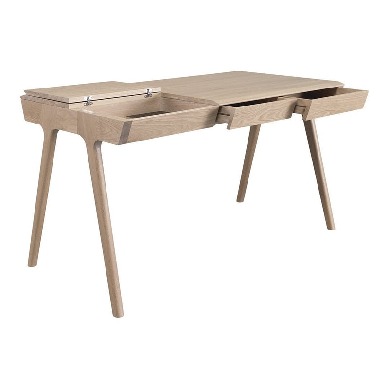 Light oak wood desk featuring a smooth, minimalist design with two drawers and tapered legs.