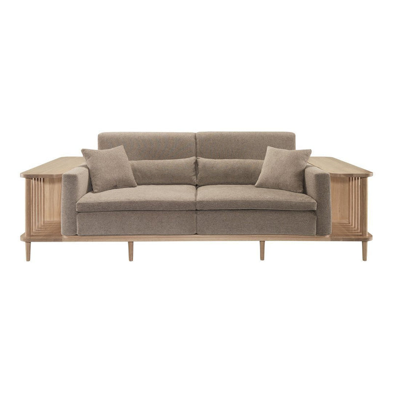 Elegant light brown sofa with a textured fabric and natural wood accents, featuring two matching cushions on each side.