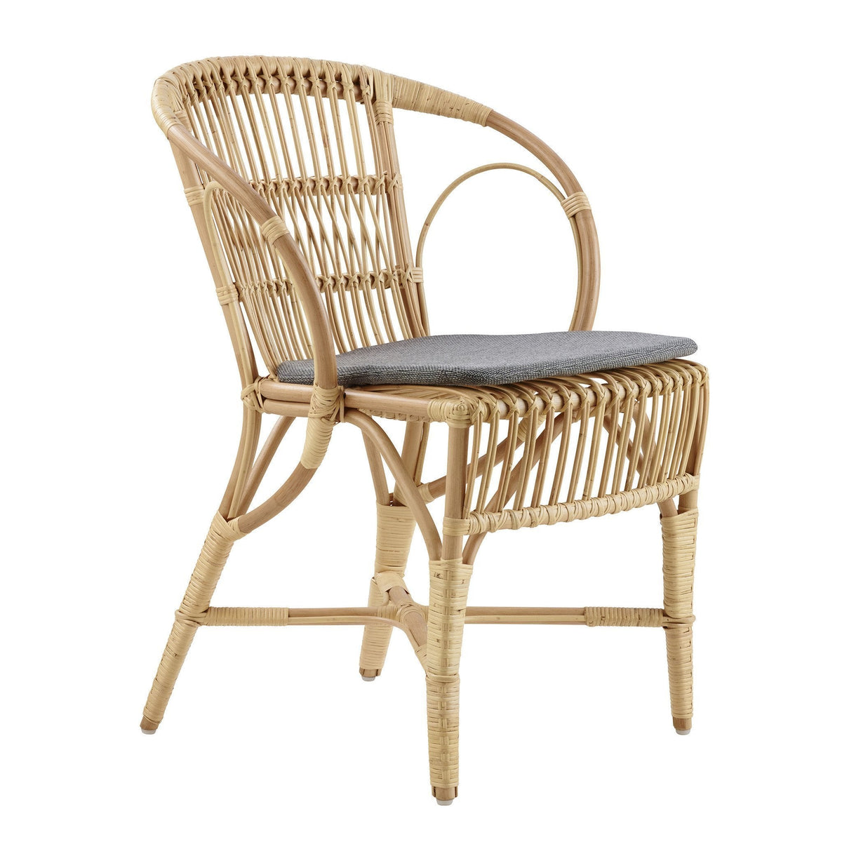 Natural rattan chair with a woven pattern and gray seat cushion. Warm beige tones complement any decor.