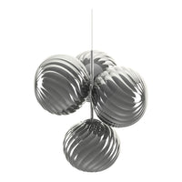 Sleek silver pendant light featuring four spiraled spherical shades. Ideal for modern decor.