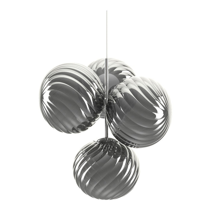 Sleek silver pendant light featuring four spiraled spherical shades. Ideal for modern decor.