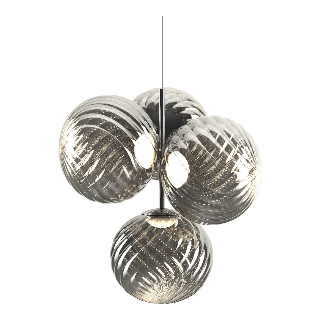 Modern pendant light with four clear glass orbs featuring metallic silver and intricate swirl patterns.