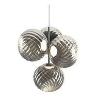 Modern pendant light with four clear glass orbs featuring metallic silver and intricate swirl patterns.