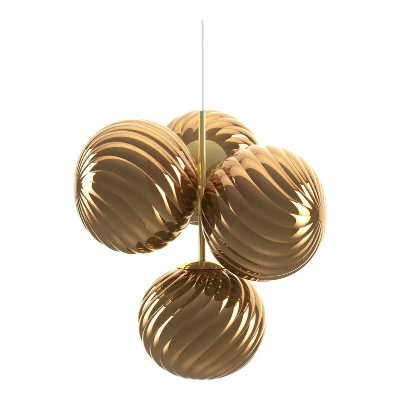 "Amber-toned pendant light with ribbed spherical design, featuring a polished finish and modern aesthetic."