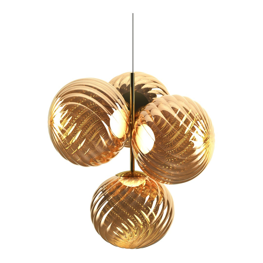 Sleek amber glass pendant light with intricate swirling patterns, perfect for modern decor.
