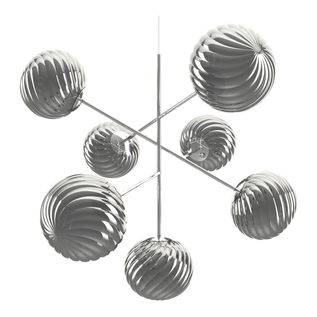 Sleek silver hanging light fixture with spiral patterns and shiny globes for modern decor.