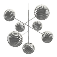 Sleek silver hanging light fixture with spiral patterns and shiny globes for modern decor.