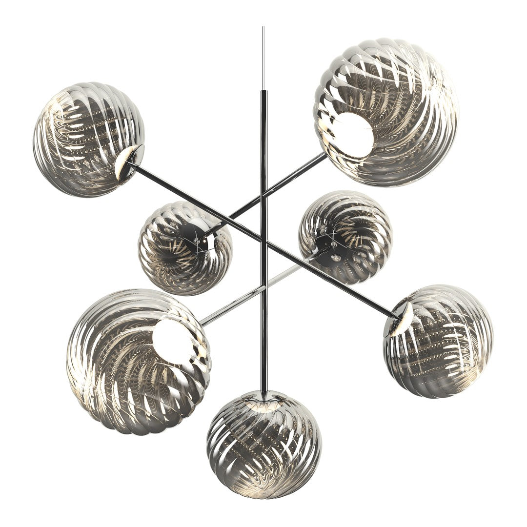 Modern chandelier featuring chrome accents and glass globes with a rippled pattern in clear and smoky hues.