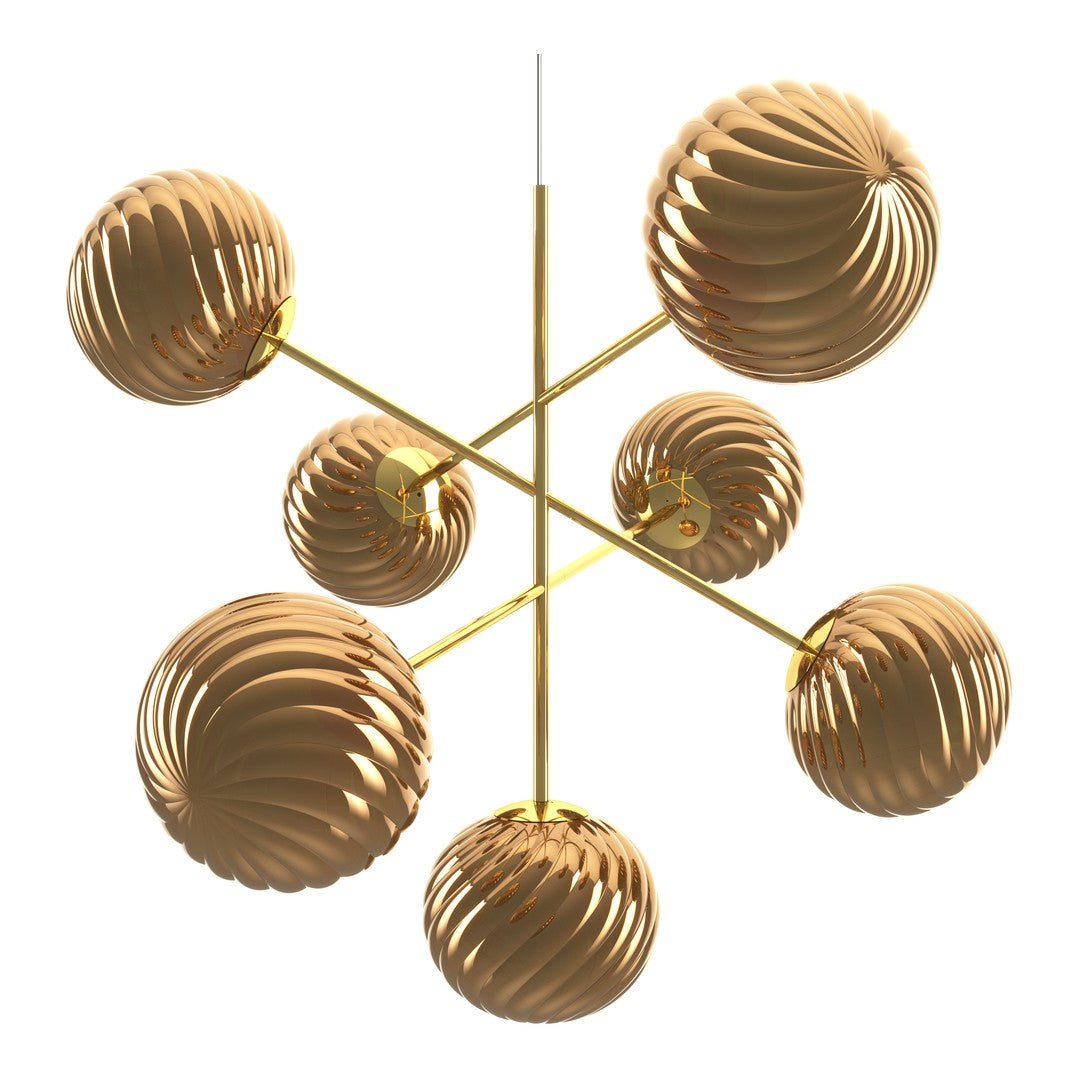 Gold pendant light fixture with ribbed spherical shades and sleek metallic accents, adding modern elegance to any space.
