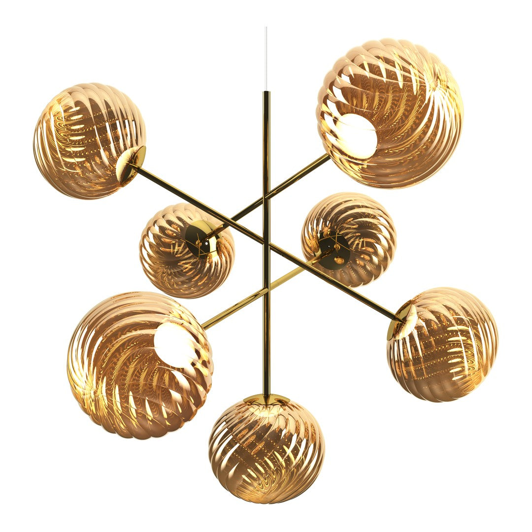 Gold-plated chandelier with ribbed glass globes, showcasing a modern and elegant design.
