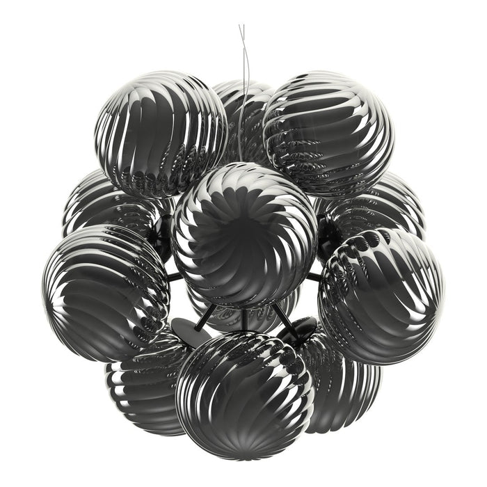 Glossy black globes with swirling patterns, arranged in a modern chandelier design. Ideal for contemporary decor.