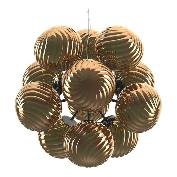 "Stylish chandelier with shiny bronze spherical shades featuring intricate swirling patterns."